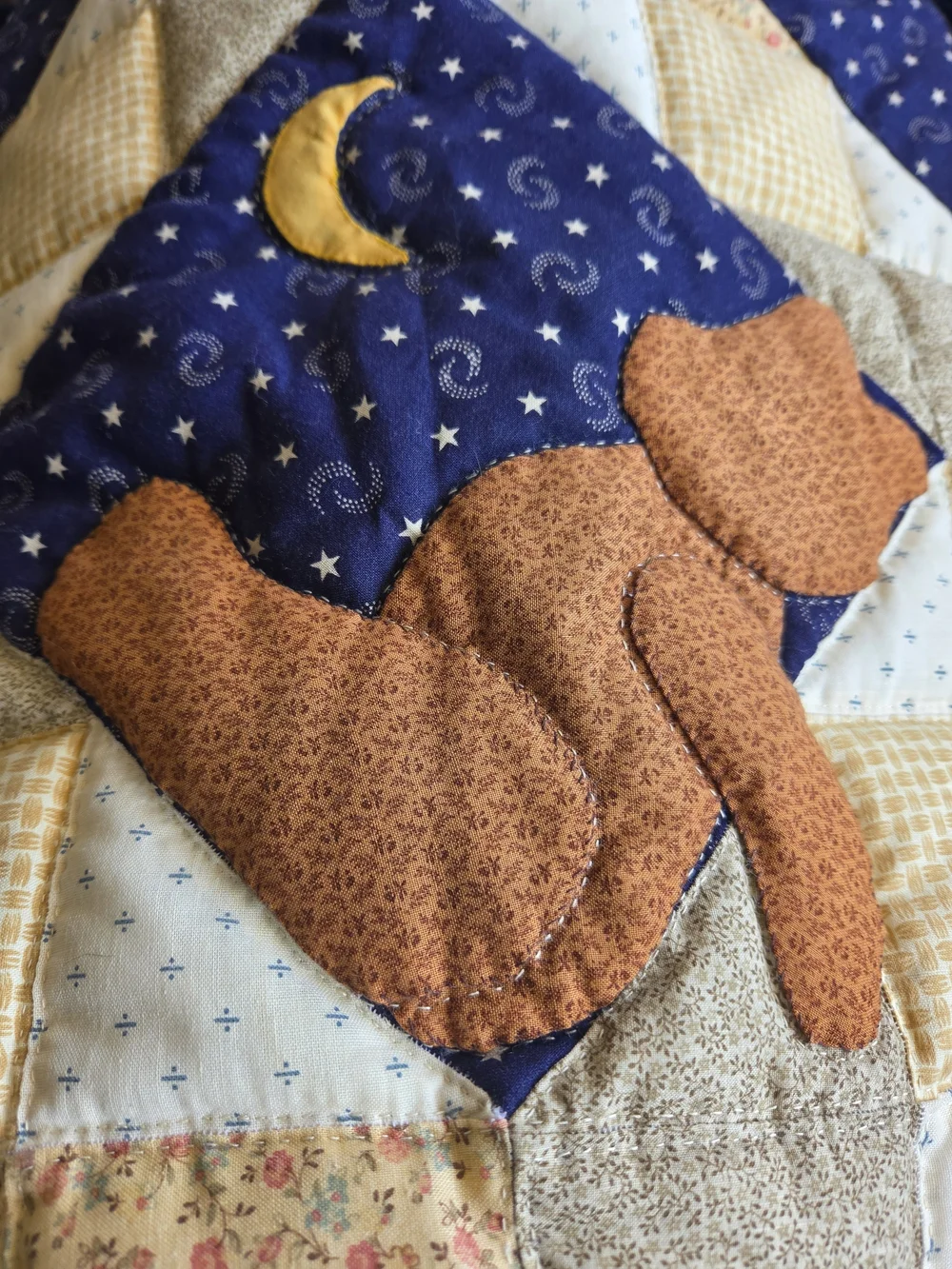 Handmade Patchwork Bear And Moon Tapestry in Navy and Brown
